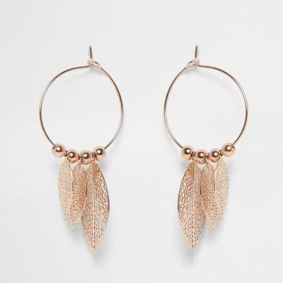 Rose gold tone hoop feather earrings